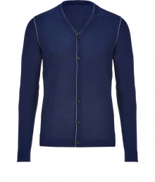 With a timeless blue hue and modern contrast trim, Jil Sanders wool cardigan is both classic and contemporary - High V-neckline, long sleeves, button-down front, contrast trimmed seaming - Slim fit - Wear with a button-down, tailored trousers and lace-ups