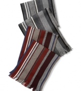 Engineered stripes that are extra-long on style: Vertically striped warp-knit scarf from Hugo Boss in virgin wool.