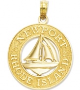 Oh the joys of sailing in Newport! Presenting a central sailboat icon, this 14k gold charm reads Newport Rhode Island. Chain not included. Approximate drop length: 1 inch. Approximate drop width: 7/10 inch.