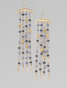 A four-strand fringe design dangles tiny beads of multi-hued sapphires and 18k gold from a polished 14k gold bar.Sapphire 14k and 18k yellow gold Length, about 3 Ear wire Imported