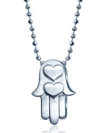 A shining silver heart-stamped Hamsa hand pendant necklace from Alex Woo.