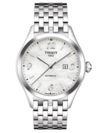 A chic every day watch that's perfectly divine, by Tissot. Stainless steel bracelet and round case. Mother-of-pearl dial with silvertone stick indices, logo, date window and numerals at three o'clock, six o'clock, nine o'clock and twelve o'clock. Automatic movement. Water resistant to 50 meters. Two-year limited warranty.