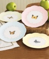 Serve dessert with as much variety as you can. Each plate in this set of four dessert plates comes with a different butterfly at its center, and a different colored border around it-pale yellow, blue, pink, or green. The result is a sense of calm and varied beauty as simple as a country meadow. Qualifies for Rebate