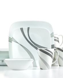 Effortlessly cool, the Urban Arc dinnerware set packs unparalleled durability and modern design into service for four. Sweeping black and gray lines crisscross square plates, bowls and minimalist mugs for casual meals. From Corelle Lifestyles.