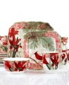 Rekindle your home's Christmas spirit this year with this alluring 16-piece porcelain holiday dinnerware and dishes set from 222 Fifth. The Holiday Decoupage design features overlapping portraits of cardinals, red lillies and evergreen fir branches for a simply stunning collection.