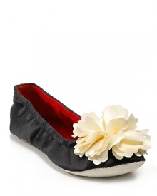 Be glamorous, even in your off hours, with these blossom-topped satin slippers from kate spade new york.