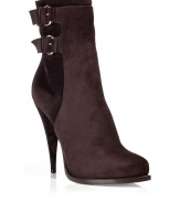 Luxe bootie in rich brown suede - A fashion must-have, modern, sexy and classy at the same time - The shoe fits tightly on the foot, is calf-high and slim fitted - Stylish buckles and delicate 12cm (4.7) heel - Works with distressed jeans, an elegant sheath dress, cargo pants, a pencil skirt