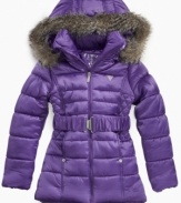 She'll stay warm while looking cool in this stylish Guess faux fur hooded parka.