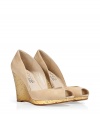 Kick-start your warm weather look with Kors Michael Kors low-cut suede wedges, the perfectly glamorous choice for polishing workweek looks - Peep-toe, low-cut sides, gold-toned textural wedge - Wear with a wrap dress and sleek leather carryall tote