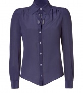 Elegant long sleeve blouse in ultra-fine purple silk - Sexy Y at collared neckline reveals a hint of d?colletage - X fabric detail at nape of neck - Slim fit, hits at waist - Traditional button closure - Very slightly sheer, perfect for layering with a silk or lace tank top - Wear with jeans for a more casual look or pair with a pencil skirt for extra polish