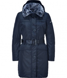 Stay warm and stylish in this ultra-luxe down coat from Peuterey - Hooded, large fur collar, concealed front zip closure with front button placket, long sleeves, belted waist, slim fit, thigh length, water repellent coating - Wear with a cashmere pullover, skinny jeans, and shearling-lined boots