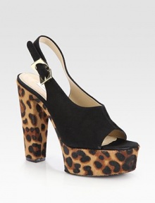 An edgy-chic style rendered in exotic leopard-print calf hair and luxurious suede accented with gleaming goldtone hardware.Leopard-print calf hair heel, 5½ (140mm)Leopard-print calf hair platform, 1¾ (45mm)Compares to a 3¾ heel (95mm)Suede upperAdjustable slingback strapLeather liningLeather sole with rubber insertPadded insoleImported