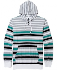 Stripes styled for unmatched surfer dude attitude: Univibe's pullover hoodie with henley neck and kangaroo pocket.