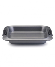 Bake those brownies beautiful with this Anolon 9 square cake pan! New proprietary coating ensures superior release and makes cleanup a snap. Silicon-enhanced handles are steady and slip-free, while the pan's substantial weight provides durability and helps prevent warping.