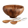 Nambé Yaro salad bowl set. Yaro salad bowl set is made of acacia wood, a dense, durable hardwood that glows with warmth and pleases with finely patterned grain of varying shades. Designed by Sean O'Hara, tossing a salad becomes a snap, while the more narrow bottom helps ensure that no dressing escapes the greens. Naturally resinous, acacia wood will not absorb stains or odors, and the bowl can be hand washed with warm soapy water. The accompanying salad servers have acacia wood heads and sculpted handles made of our signature Nambé Alloy. Goes perfectly with identically shaped individual-serving Yaro salad bowls, which come in sets of four.