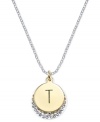 Letter perfection. This sterling silver necklace holds a pendant set in 14k gold and sterling silver plated topped with a T and adorned with crystal for a stunning statement. Approximate length: 18 inches. Approximate drop: 7/8 inch. Approximate drop width: 5/8 inch.