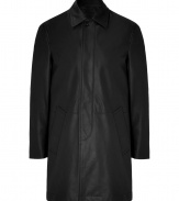 With an updated mod look, this Marc Jacobs leather coat brings luxe style to any ensemble - Spread collar, concealed front placket, flap pockets, button tab detailed cuffs - Pair with slim trousers, a cashmere pullover, and ankle boots