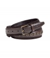 Cinch your look with fashion-forward style with this ultra-chic leather belt from Belstaff - Two-layer textured leather belt with brass-tone hardware and stud details - Pair with skinny jeans or shorts