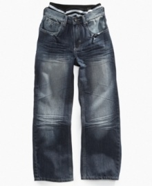 He'll have full coverage in these Rocawear relaxed fit jeans that have a faux waistband at the top for added insurance.