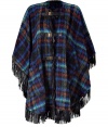 Stylish cape in a multicolored wool blend - Cool chunky knit in a blanket plaid look - Elegant, leather strap fasteners - Casual  trendy poncho style - Draped, asymmetrical handkerchief front with fringed edge - Pair with skinny jeans or leather leggings and booties or boots