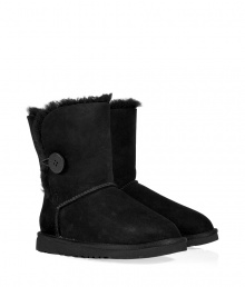 A stylish twist on a venerable classic, the Ugg Australia black Bailey Button boot is a welcome addition to your cold weather casual wardrobe - Crafted from twin-faced sheepskin and featuring exposed seams, reinforced heel, traction outsole and signature Ugg label - Wooden button and elastic band closure - Fleece-lined for superior warmth and comfort - Traditional mid-calf height - Truly versatile, perfect for pairing with everything from skinny jeans to yoga pants to miniskirts