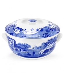 A charming rendition of the Italian countryside, the Blue Italian pattern is a beloved classic in tableware. This beautiful covered casserole features the famous blue and white design framed by an Imari border, inspired by Chinese porcelain. Holds 8 cups.