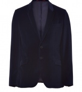 Satiny-soft velvet lends this slim-cut, midnight blue PS by Paul Smith jacket its stylish smartness - Contemporary cut is single-breasted and slightly fitted - Medium-width collar and lapels, two flap pockets, single chest pocket and two-button closure - Decorative seams and rear vents - Polished and elegant, perfect for pairing with a button down and jeans or a cashmere pullover and dress trousers