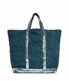 Chic, oversize tote in fine, pure indigo linen - A venerable classic from Parisian designer Vanessa Bruno - Eye-catching silver paillette trim - Two small top handles - One interior zip pouch - Sufficiently roomy to house all of the essentials - Great for leisure, the beach and your next warm weather getaway - Made in France