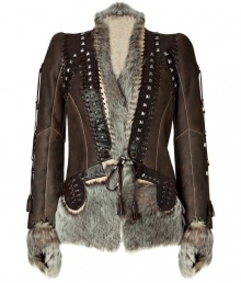 Add maximum style to any look with this luxe fur and leather bohemian-inspired jacket from Just Cavalli - Fur-detailed stand collar, V-neck with fur lining and stud detail, long sleeves with fur cuffs - Stitched leather trim, tie front closure, leather tassel details, fur hem, slim fit - Style with skinny jeans and statement platforms