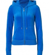 Paint color into your casual attire with this bright blue velour hoodie from Juicy Couture - Hooded, front zip closure, long sleeves, split kangaroo pocket - Slim fit - Pair with matching pants, favorite jeans, or mini-skirts