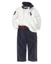 This collegiate-inspired set blends preppy style and a sporty sensibility with a long-sleeved cotton rugby and a timeless chino trouser. The cotton jersey rugby has a twill pointed collar with stripes at the underside, a concealed three-button placket, long sleeves with ribbed cuffs, a 3 patch on the right sleeve, an even vented hem and Ralph Lauren's embroidered Big Pony at the chest. The chino trouser has an elasticized back waist, a zip fly with a button closure, angled hand pockets, a buttoned-flap welt pocket at the back right and sewn cuffs. Includes a matching grosgrain ribbon belt with a double-D-ring closure for a preppy finish.