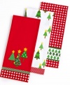 Brighten up the heart of your home with this celebration of Christmas kitchen towels. A festive mix of contrasting reds & greens, jolly trees and other seasonal icons, this set brings a bit of cheer to the chef's corner.