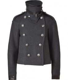 With a flattering cropped silhouette and a dramatic high neck, the classic peacoat gets a decidedly downtown update from Belstaff - Dramatic stand collar with belt detail, epaulets with silver-tone button, double-breasted, front button placket, cropped silhouette, pockets, leather detailed cuffs - Pair with high-waisted skinny pants, a modernized pullover, and high heel booties