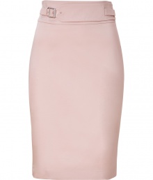 Stylish skirt in fine, light beige cotton stretch blend - Perennially chic, curve-hugging pencil cut - Flattering A-Line silhouette - High waist with decorative belt - Rear vent and back zip - A polished classic ideal for work and evenings out - Pair with a silk tank or button down blouse, cropped blazer and peep toe pumps