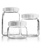 Create a new order in your kitchen with this set of three food storage canisters. Made from stain-resistant glass, each container brings organization to your countertop and features an airtight, leak-proof snap-lock lid that traps in the flavor and freshness of your favorite ingredients.