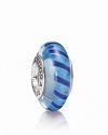 A glossy murano glass charm with a vibrant striped pattern. Logo-engraved sterling silver trim displays the PANDORA signature.