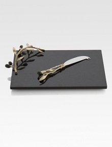 Symbolizing peace and harmony, the olive branch and its shapely leaves gracefully accent a simple slab of rich black granite and form the handle of the matching knife. From the Olive Branch CollectionBlack granite, oxidized bronze, and stainless steel8.5 X 12.5; 8 long knifeHand washImported