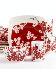 Bold red and white cherry blossoms bloom on a casual set for warm, contemporary decor. From 222 Fifth dinnerware, these dishes feature minimalist square shapes and contrasting vibrant florals. This fine china has a look that's forever in season.