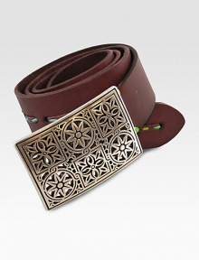 Cutting edge full leather strap belt with stain glass buckle and space dye thread accent.LeatherAbout 1½ wideImported