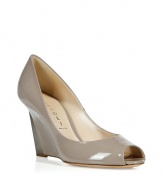 Achieve classic elegance and au courant style with these ultra-luxe shoes from Casadei - Peep-toe style, neutral patent leather, wedge heel with sculptural silver-tone detail - Wear with a pencil skirt, a cocktail dress, or wide leg trousers for an easy office-to-evening look