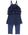 A sweet stripe motif and lush ruffles define this complete look from Little Ella.