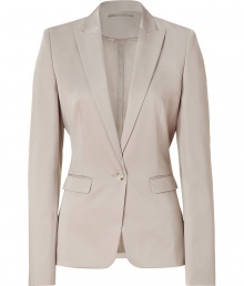 Luxe jacket in fine, dark beige cotton stretch blend - Classic blazer style with single button closure - Small collar and medium-width lapels - Two front flap pockets - Decorative seam detail at back - Flattering darts at chest - Slim, ultra-feminine silhouette tapers at waist - Elegant, long and lean cut - A polished, indispensable staple in any wardrobe - Pair with trousers, a pencil skirt or skinny denim