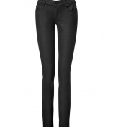 Finish your look on an edgy note with McQ Alexander McQueens coated black skinny jeans, complete with an eye-catching logo-embroidered back pocket guaranteed to collect style points - Classic five-pocket style, button closure, belt loops - Pair with modern draped tops and sky-high platforms for that extra impact