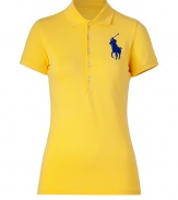 Detailed in breathable cotton stretch mesh, Ralph Laurens big pony polo is a cool modern take on this iconic style - Small collar, button placket, short sleeves, oversized shiny royal blue embroidered polo player at chest, slit sides, high-low hemline - Slim fit - Wear with your favorite jeans and just as bright loafers