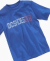 It's a classic style to skate in, this DC Shoes tee, featuring a stretch logo, enhances his edgy look.