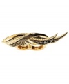 Don't be a featherweight. Knock them out with RACHEL Rachel Roy's standout cocktail ring. This two finger style mixes jet and clear glass accents in a unique wing design. Set in gold-plated mixed metal. Ring stretches to fit fingers.