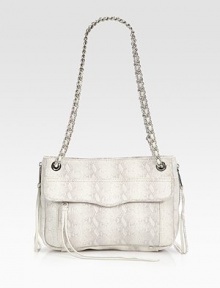 Silver-toned chain hardware denotes a modern design in this impeccably-crafted lizard-embossed leather shape. Double chain shoulder straps, 11¾ dropMagnetic snap closureOne outside flap-zip pocketProtective metal feetOne inside zip compartmentOne inside zip pocketTwo inside open pocketsCotton lining11¼W X 8¼H X 4DImported