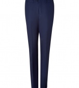 Elegant classic pant in fine, pure navy wool - Modern, slim straight cut - Flattering crease detail elongates the silhouette - Tab waist with belt loops and button closure - Pockets at sides and single welt pocket at rear - Comfortable yet polished, an easy, everyday go-to - Pair with button downs, pullovers or a suit jacket