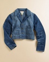 This stylish denim jacket is rendered in a slightly faded and frayed wash for a cool, timeworn look.Point collar with notched lapelLong sleeves with single button cuffsButton frontFront patch pocket65% cotton/35% elastaneMachine washImported Please note: Number of buttons may vary depending on size ordered. 