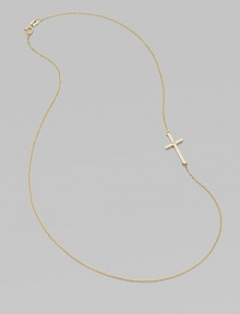 A wispy chain of 14k yellow gold features a cross pendant, punctuated by a single sparkling diamond, set askew for a modern edge.Diamond, .02 tcw 14k yellow gold Length, about 16 Pendant length, about ¾ Spring ring clasp Made in USA